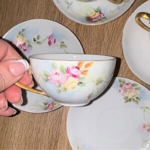 Vintage set of 3 teacups and 4 saucers hand painted in Germany box Am